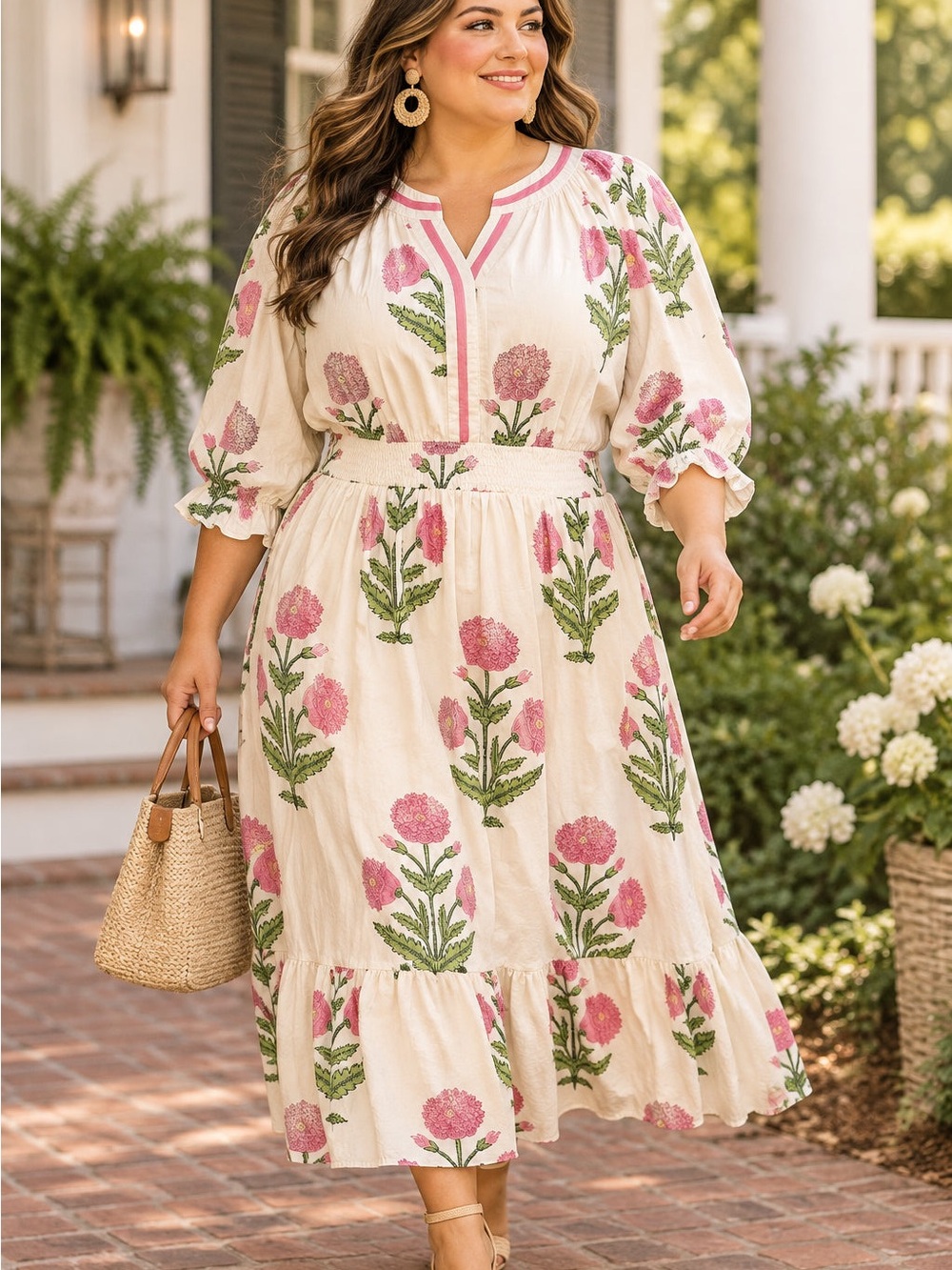 Umgee Floral Midi Dress in Cream & Pink
